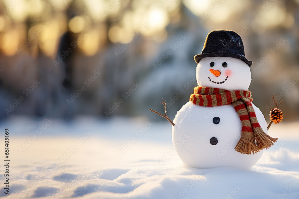 Funny snowman with bowler hat in snowy park,winter christmas landscape Funny snowman with bowler hat in snowy park,winter christmas landscape