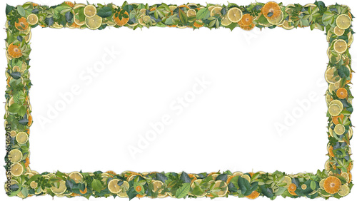 Empty transparent summer and spring nature frame with fresh green leaves and fruits. Rectangle for copy space or text creative advertising.