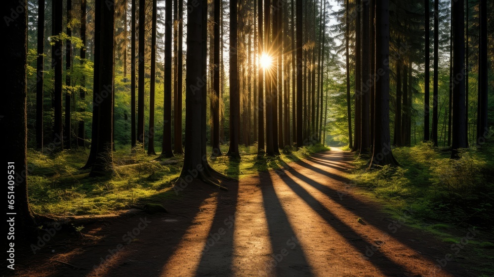 Sunlight bathes a tranquil forest, casting long shadows through towering trees.