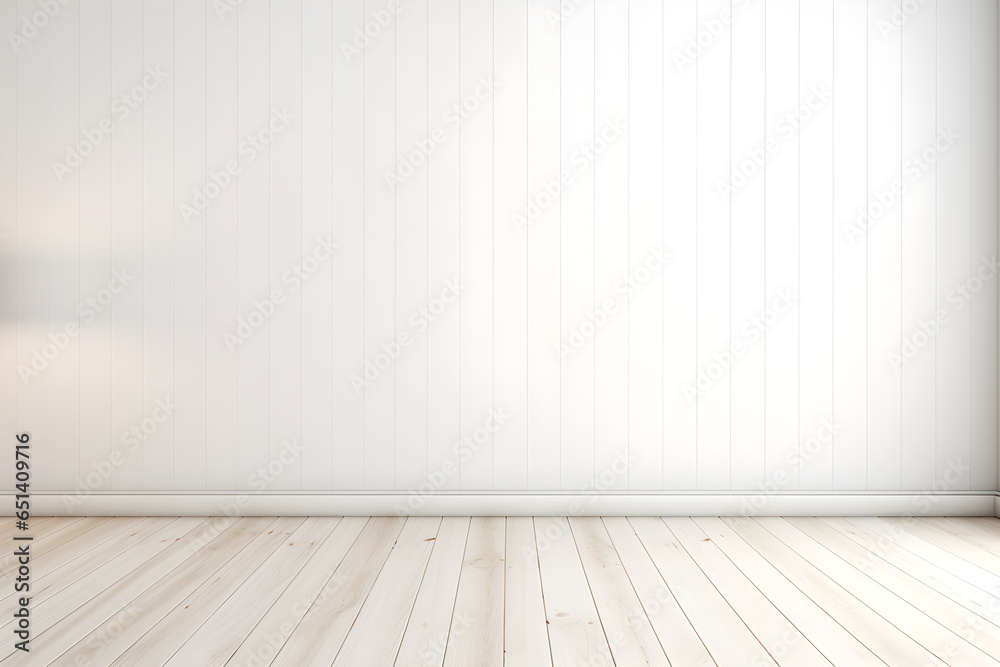Empty light interior background. White textured empty wall and wooden light floor with beautiful lighting Empty light interior background. White textured empty wall and wooden light floor with beautiful lighting