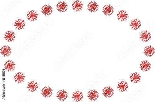 Digital png illustration of oval of red snowflakes with copy space on transparent background