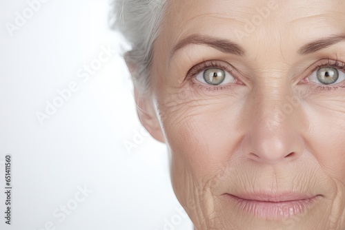Close-up portrait of a stylish beautiful woman in her 60s. Eyes of an elderly woman looking at camera. Vision and concept of older people.