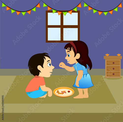 Vector illustration poster of Indian festival 'Happy Bhai Dooj' and sister applying tilak to her brother.

