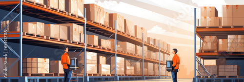 Warehouse worker near shelves full of cardboard boxes, a store warehouse or a sorting room for product delivery, illustration banner