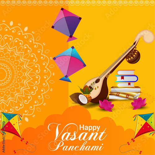 Vector illustration poster of  Happy Vasant Panchami with veena instrument and holy books, kites.
