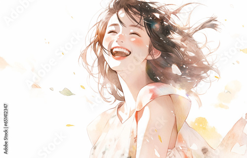 白背景に笑顔のまぶしい女性の水彩画