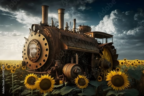 Tractor in steam punk style next to a Field of sunflowers 