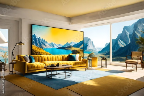 luxury living room, with painting of a landscape, with yellow, blue , white background, light mode