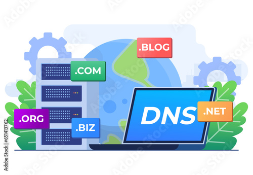 Domain name system concept flat illustration vector template, DNS, Website domain name, Internet or cyberspace, Domain registration web page, Choose, find, buy, register website domain name