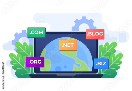 Domain name system concept flat illustration vector template, DNS, Website domain name, Internet or cyberspace, Domain registration web page, Choose, find, buy, register website domain name