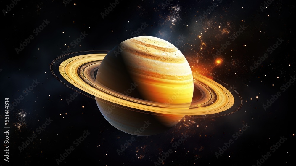 Naklejka premium Saturn in the Cosmos: An artistically rendered image showcases Saturn's mesmerizing beauty, its iconic rings glistening amidst the star-studded darkness of space.