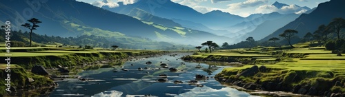 Placid waters of the river offer a serene reflection of the sky. This tranquility contrasts with the dynamic terraces that rise, leading to the grandeur of towering mountains, ultrawide photo