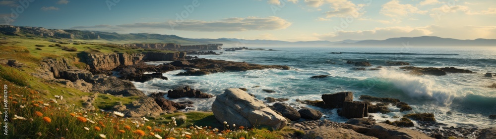  panoramic image depicts a breathtaking coastal landscape, with wildflowers dotting the foreground, rocky cliffs, and the ocean extending towards the horizon under a clear sky.