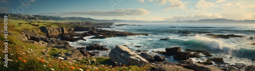  panoramic image depicts a breathtaking coastal landscape, with wildflowers dotting the foreground, rocky cliffs, and the ocean extending towards the horizon under a clear sky.