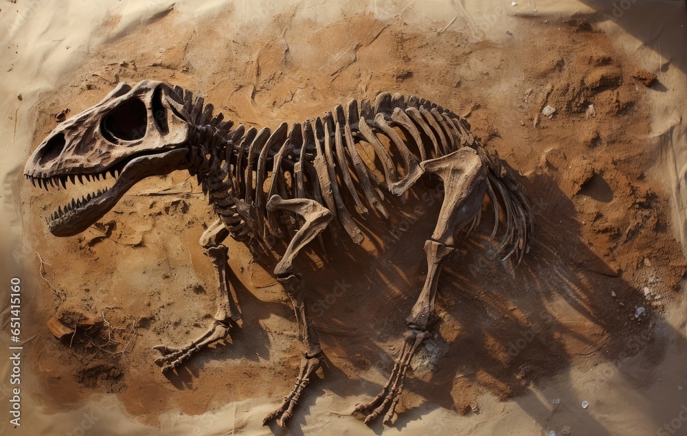 Obraz premium a skeleton or skull of dinosaur printed on soil desert