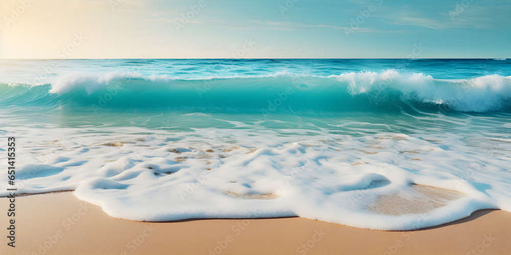 Beautiful tropical wave of summer sea surf. Soft turquoise blue ocean wave on the golden sandy beach