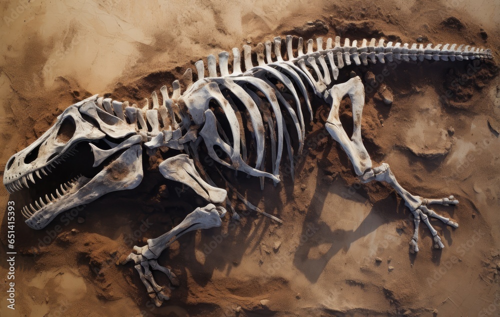 Fototapeta premium a skeleton or skull of dinosaur printed on soil desert