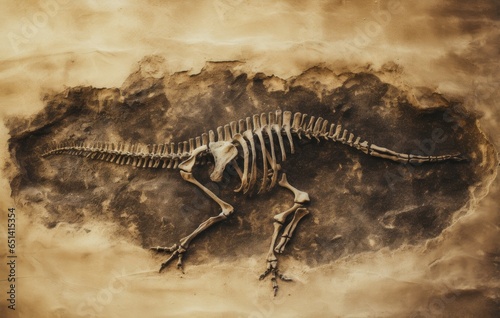 a skeleton or skull of dinosaur printed on soil desert © MAXXIMA Graphica