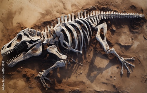 a skeleton or skull of dinosaur printed on soil desert