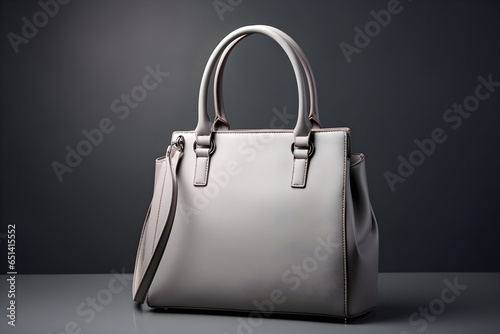 Beautiful trendy smooth youth women's handbag on grey colour studio background with copyspace