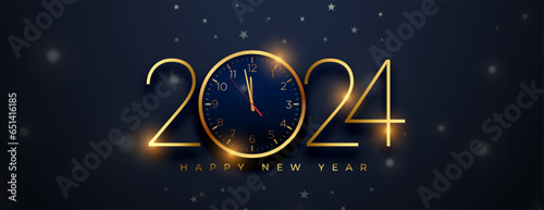 happy new year 2024 greeting banner with golden clock design