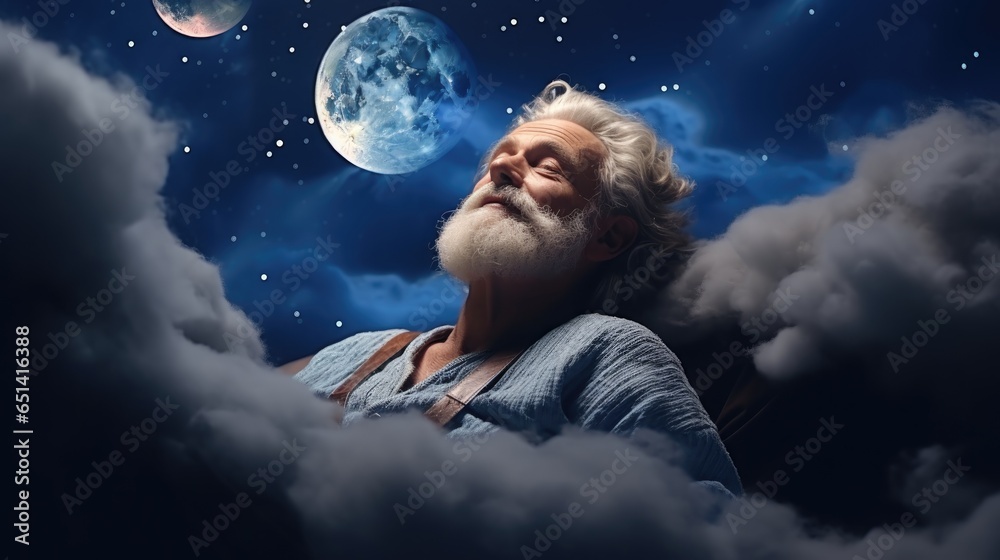older man sleep at night on cloud, relax concept lullaby older man sleep at night on cloud, relax concept lullaby
