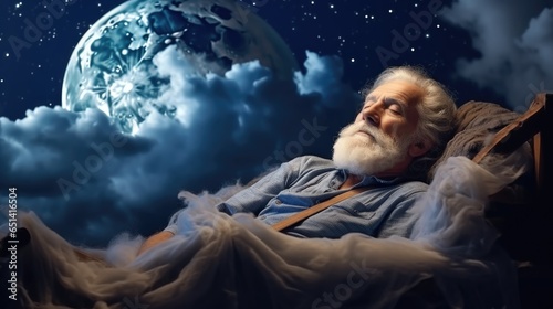 older man sleep at night on cloud, relax concept lullaby  photo