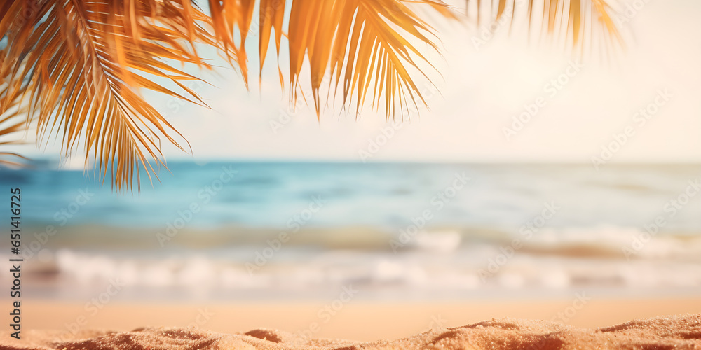 Beautiful background for summer vacation and travel. Golden sand of tropical beach, blurry palm leaves and sea on sunny day