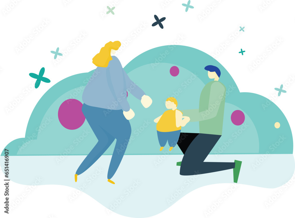 happy Young family with child playing in the garden vector illustration. 