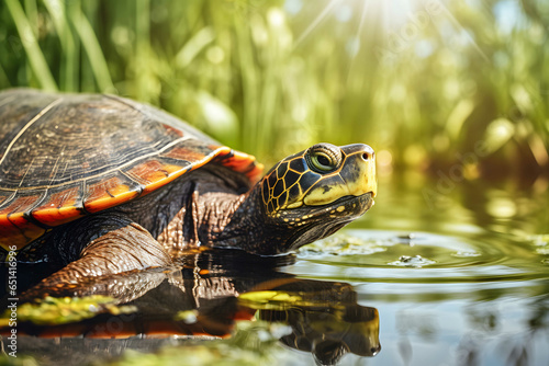 Turtle pokes its head out of the water,pond, sideview