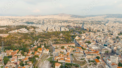 Athens, Greece. Temple of Hephaestus. Athenian Agora in the light of the morning sun. Summer, Aerial View