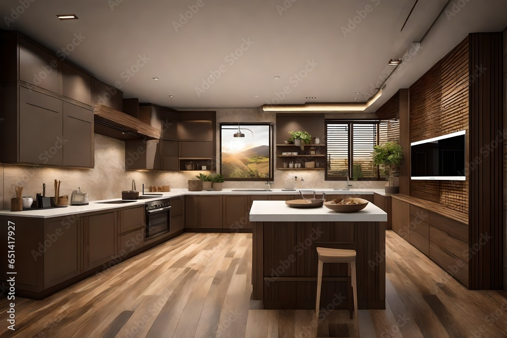  luxury kitchen on right side, with beautiful LED TV on the wall of front is on, with full brown background ,the window