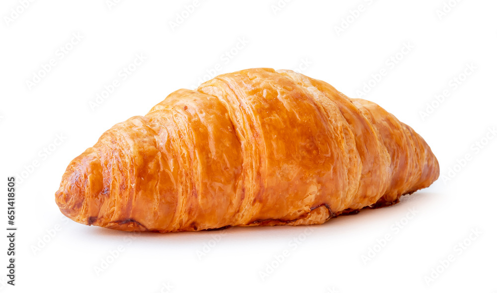 Front view of single croissant isolated on white background with clipping path Front view of single croissant isolated on white background with clipping path