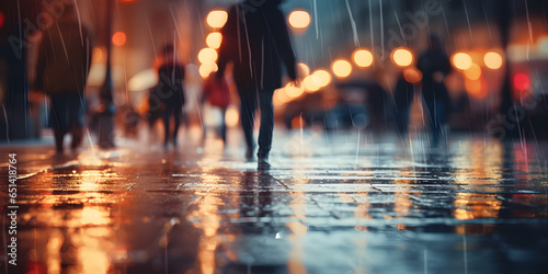 Blurred background of a modern street at night in the rain. pedestrians walking on sidewalk, raining motion blur, reflections, lights, Abstract motion blurred pedestrians