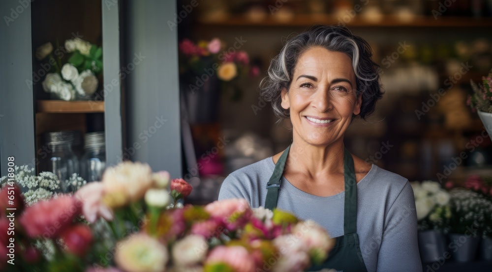 Portrait of a radiant mature woman standing with pride at the entrance of her flower shop. Her warmth and decades of dedication shine as she anticipates her loyal customers. Generative Ai.