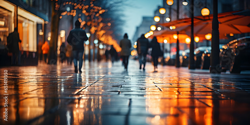 Blurred background of a modern street at night. pedestrians walking on sidewalk, motion blur, reflections, lights, Abstract motion blurred pedestrians