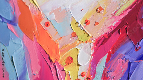 Closeup of a painting by oil and palette knife. Highly-textured, high quality details. Fragment of multicolored texture painting. Abstract art background. oil on canvas. Rough brushstrokes of paint.