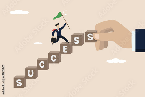 Hands helping to support career development, ladder of success concept, smart businessman walking with ambition on stairs with human hands helping to make the stairs go up. Businessman illustration.