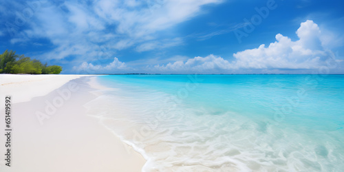 Beautiful sandy beach with white sand and rolling calm wave of turquoise ocean on Sunny day on background white clouds in blue sky. Island in Maldives, colourful perfect panoramic natural landscape © sam
