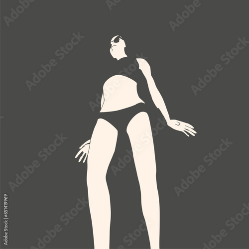 Illustration of a beautiful fashion model posing in a stylish swimsuit wearing sunglasses. Young attractive woman in bikini.
