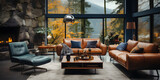  Brown leather chairs and grey sofa in room with fireplace. Mid-century style home interior design of modern living room