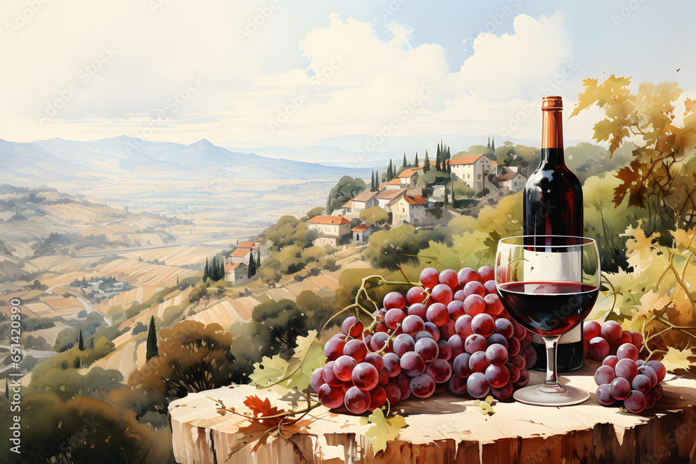Bunch of blue grapes, red wine bottle and wine glass on landscape with hills and vineyards on Tuscany region, Italy. Watercolor or aquarelle painting illustration