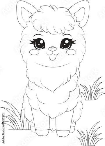 Coloring page a fluffy alpaca with a gentle expression