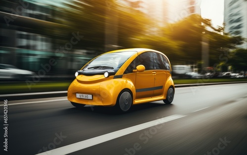 Modern yellow EV taxi on a city street with blur motion effect. Generative AI