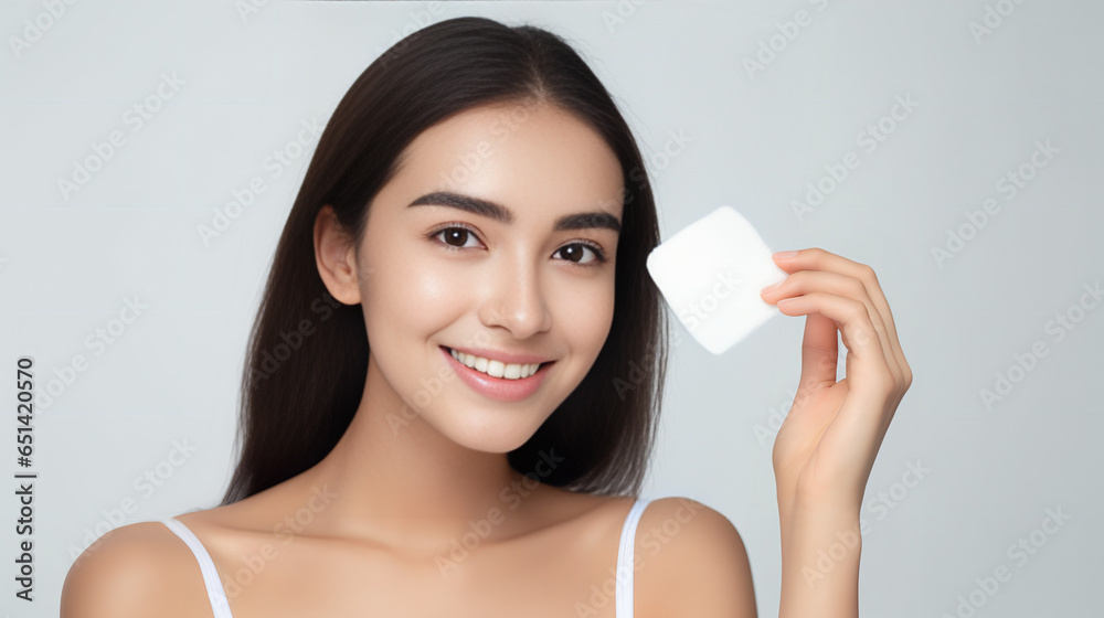 Young Asian Girl with Cotton Pad: Skincare Beauty Young Asian Girl with Cotton Pad: Skincare Beauty