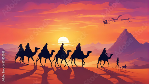 Silhouette of camels during sunset in the desert.