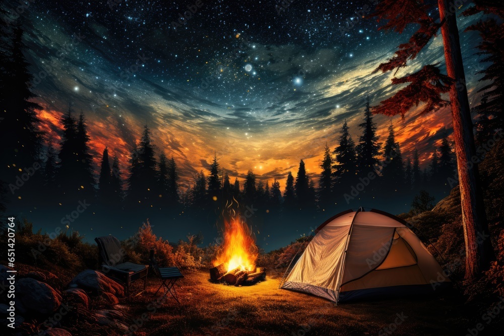 tent in the forest and a fire under the stars tent in the forest and a fire under the stars