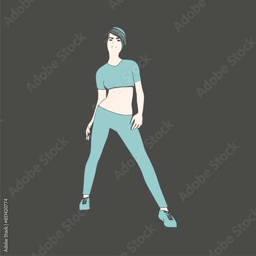 Standing woman. Sport girl illustration. Casual sportwear - t-shirt, breeches and sneakers. Young woman wearing workout clothes. Sport fashion girl outline in urban casual style.