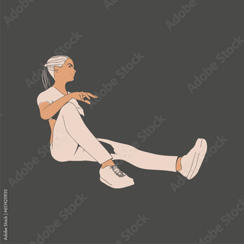Sitting woman. Sport girl illustration. Casual sportwear - t-shirt, breeches and sneakers. Young woman wearing workout clothes. Sport fashion girl outline in urban casual style.