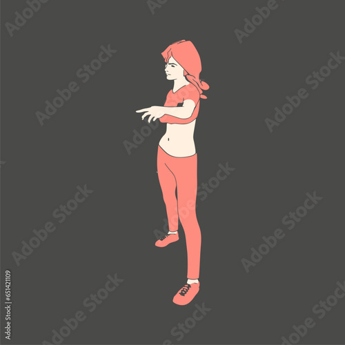 Standing woman. Sport girl illustration. Casual sportwear - t-shirt, breeches and sneakers. Young woman wearing workout clothes. Sport fashion girl outline in urban casual style.